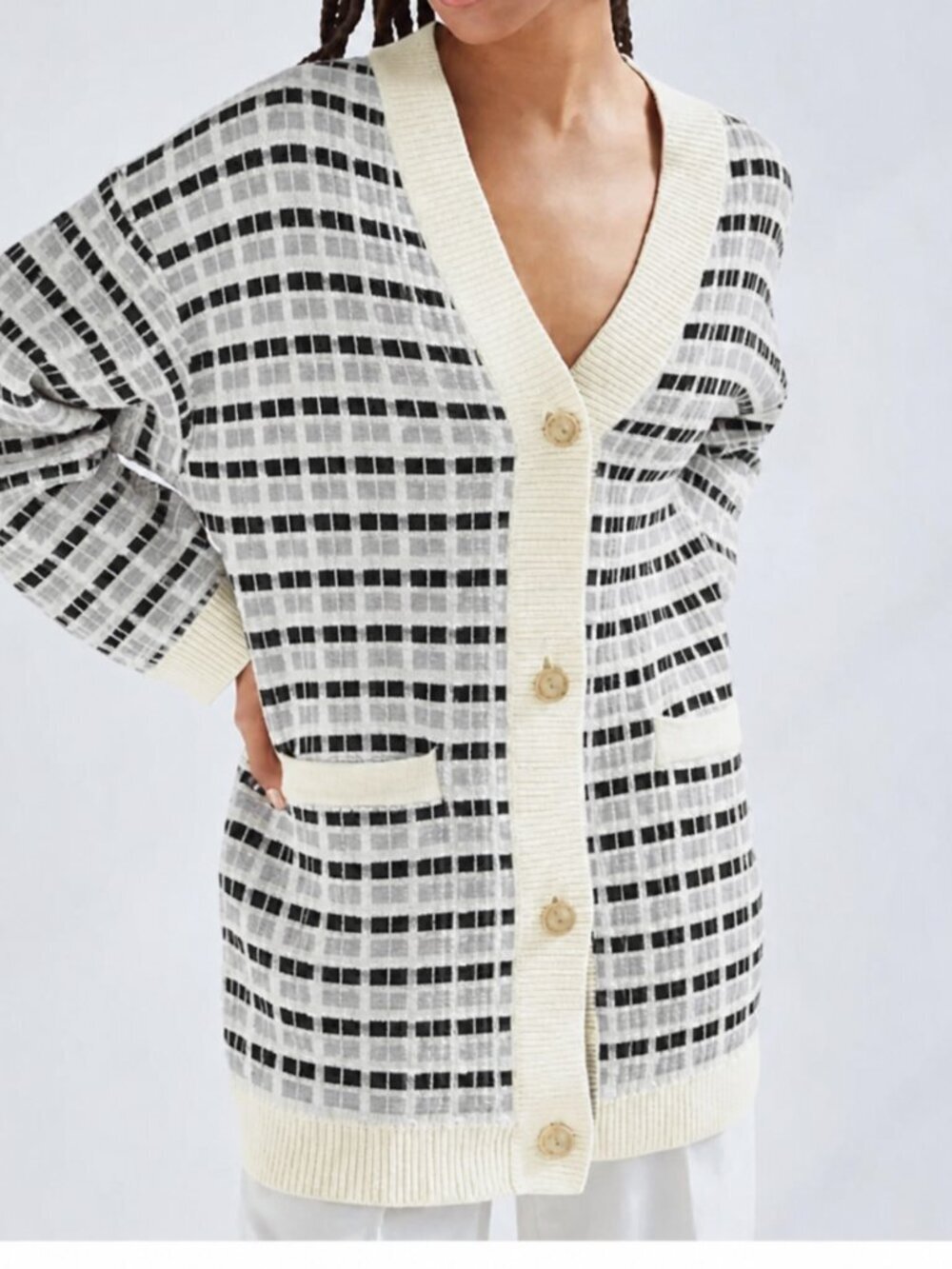 Aritzia Babaton Lacer Merino Wool Cardigan Cream Blue Black Size Small